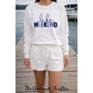 Shiraleah Lake Weekend Sweatshirt White Blue Chenille Pullover S